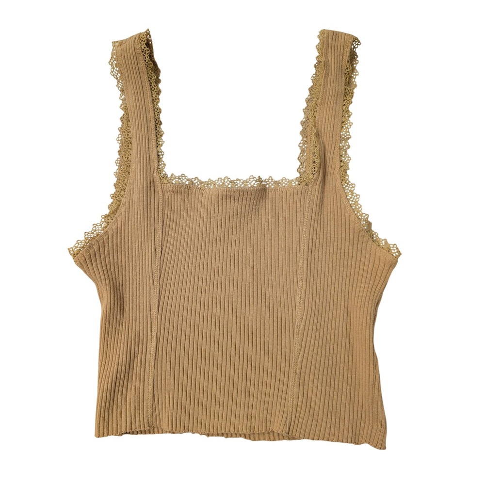 Y2K Forever 21 Ribbed Square Neck Tank Top Mustard Lace Trim Stretch Cottage‎
